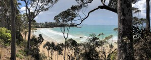 A beach with clear turquoise waters, surrounded by eucalyptus trees and a sandy shore. - Denhams Beach House (with tennis court/pool/wifi!) (Denhams Beach)