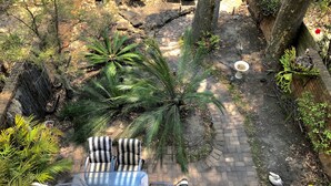 Een terras met een tafel met glazen blad en gestreepte stoelen, omgeven door weelderige begroeiing en een metselpad.