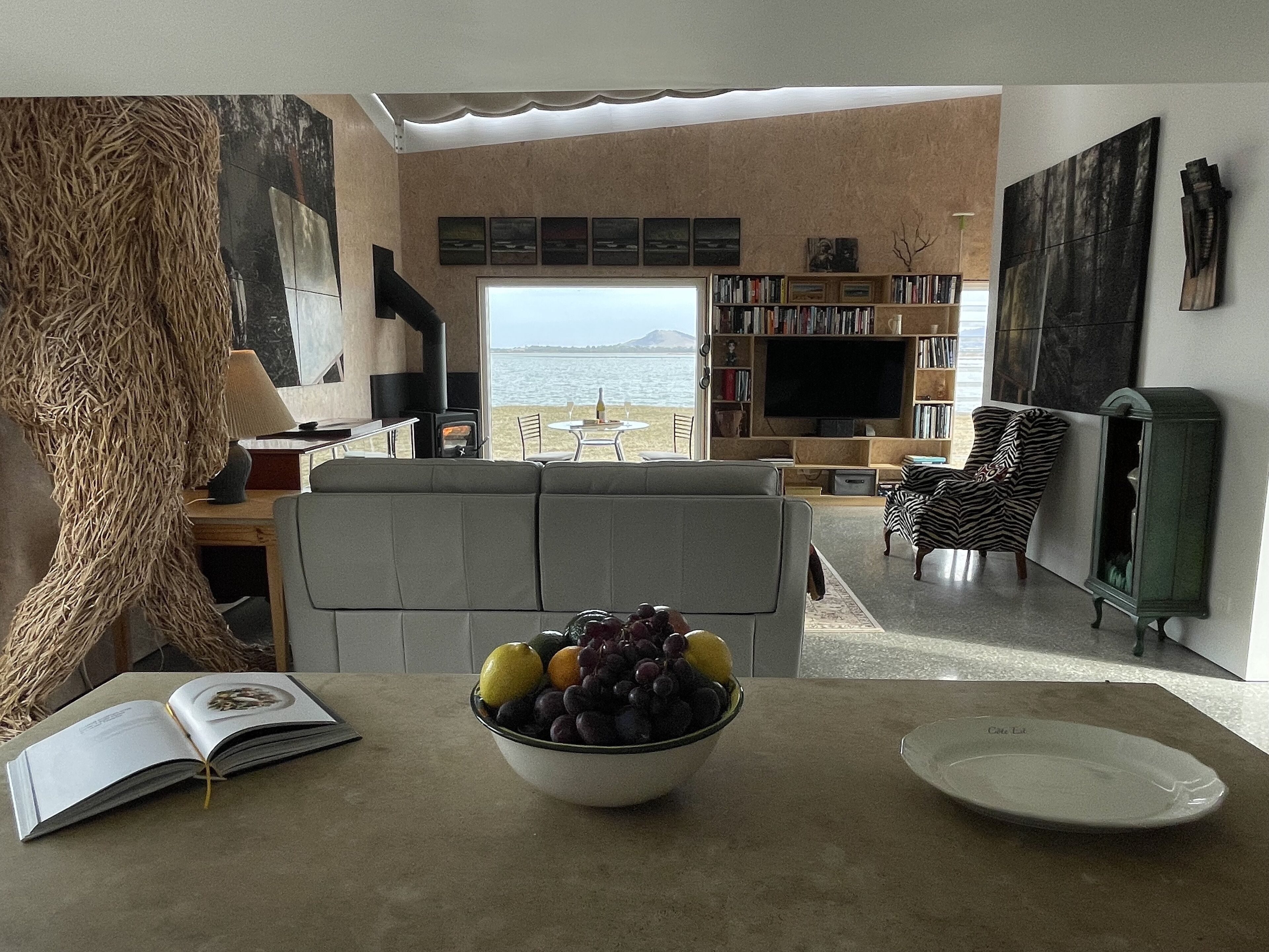 Smart TV, chimenea, libros y monitor de computadora 