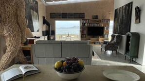 A living room with a view of the sea, a fireplace, a bookshelf, and a zebra-striped chair.