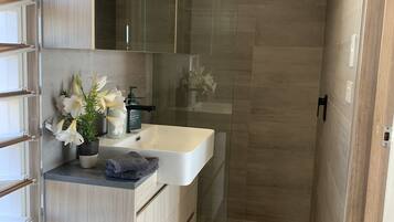 Shower, hair dryer, towels, soap