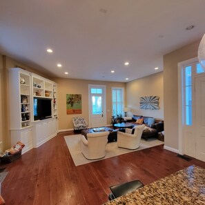 Smart TV, foosball, table tennis, books