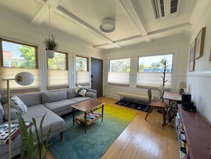Smart TV, fireplace, books, music library