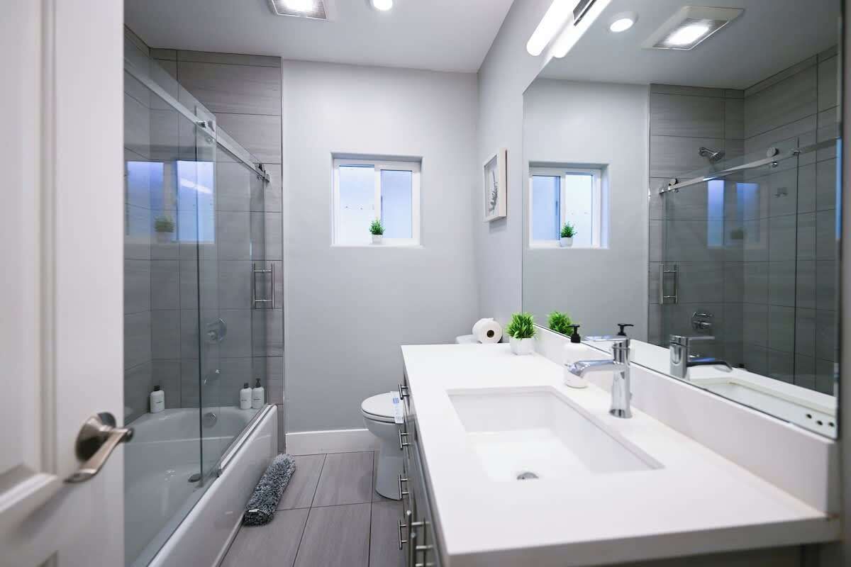 Bañera, secador de pelo, shampoo