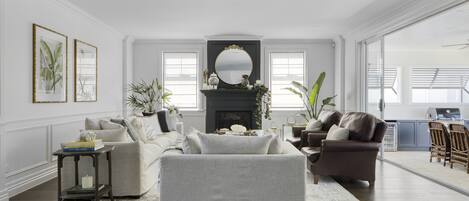 Smart TV, fireplace, books