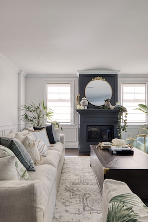 Smart TV, fireplace, books