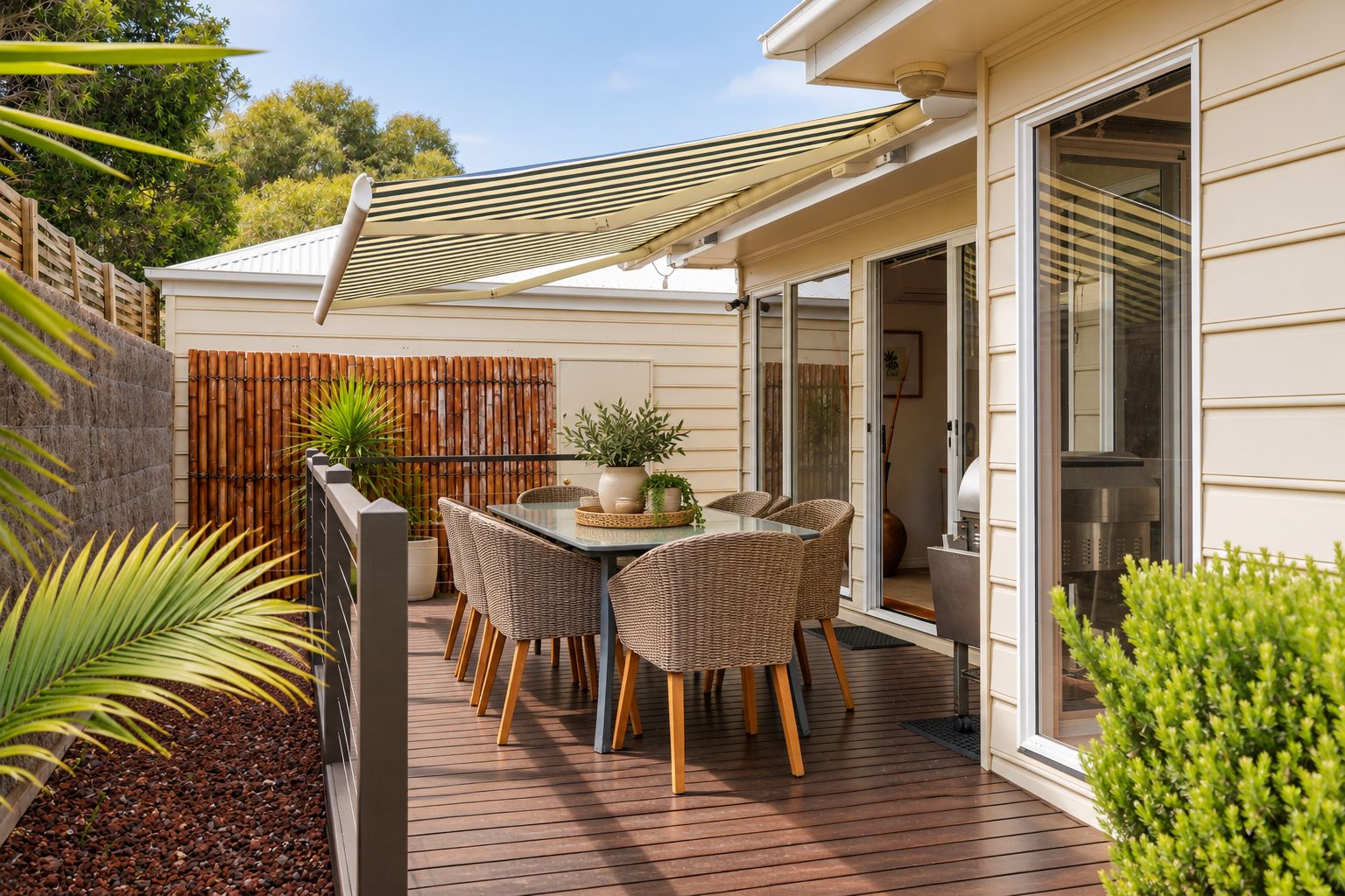 An outdoor patio with a table and chairs, a bamboo fence, and a view into the house.