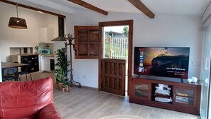 Televisión, chimenea, libros y estéreo