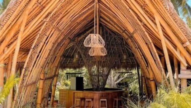 A thatched-roof structure with a central hanging light fixture, surrounded by lush greenery and palm trees. - Bila Penida Resort & Farm (Penida Island)