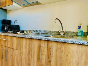 Kühlschrank, Mikrowelle, Herdplatte, Wasserkocher mit Kaffee-/Teezubehör