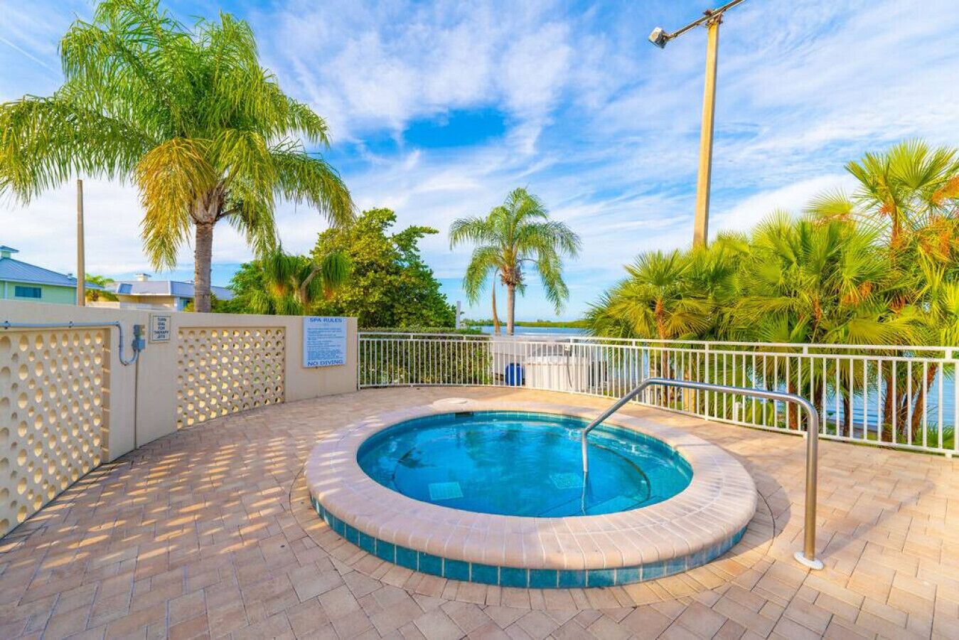 A swimming pool with a metal ladder, surrounded by palm trees and a white fence.