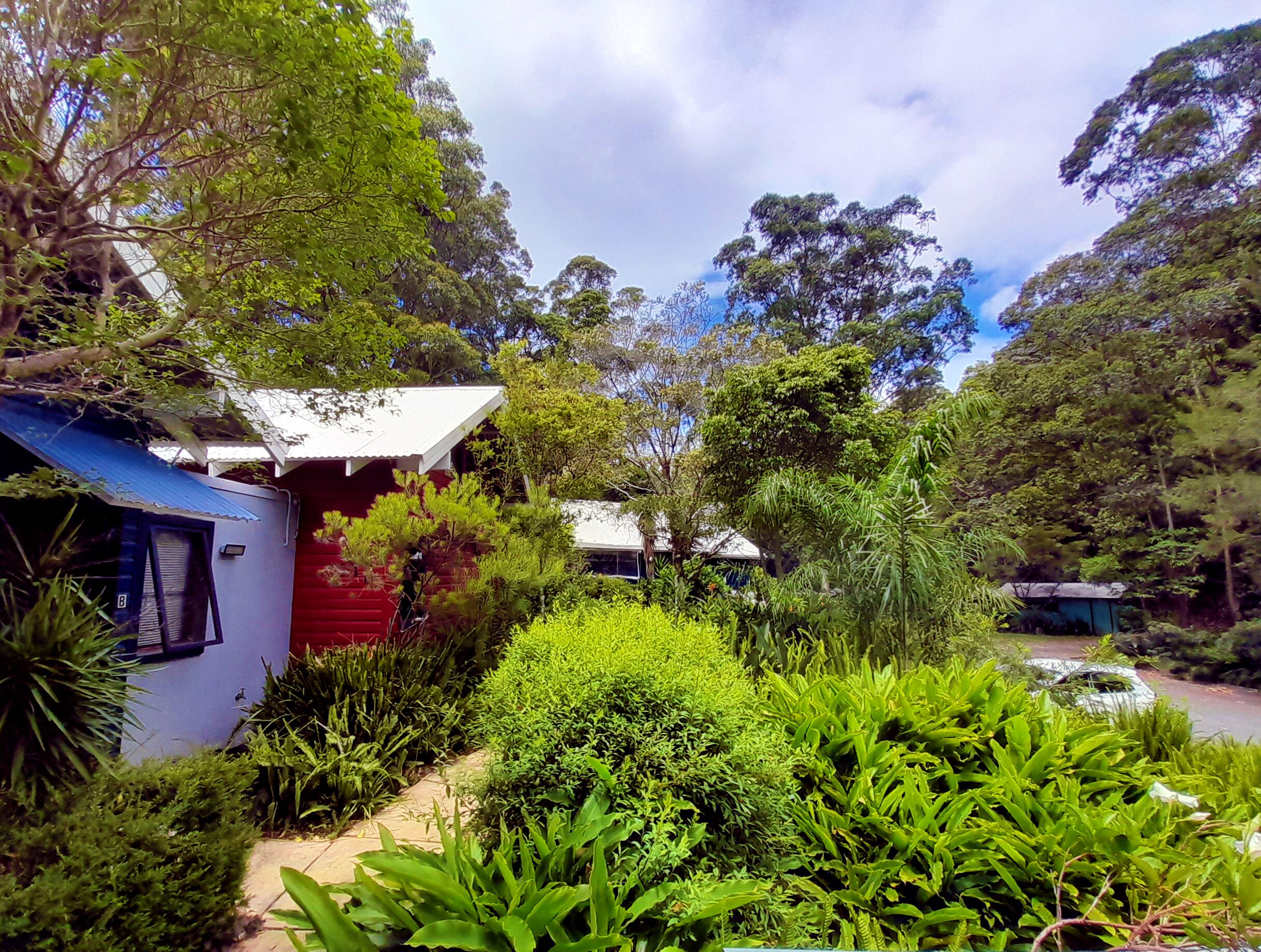 A small, red building with a white roof, surrounded by lush greenery and trees.