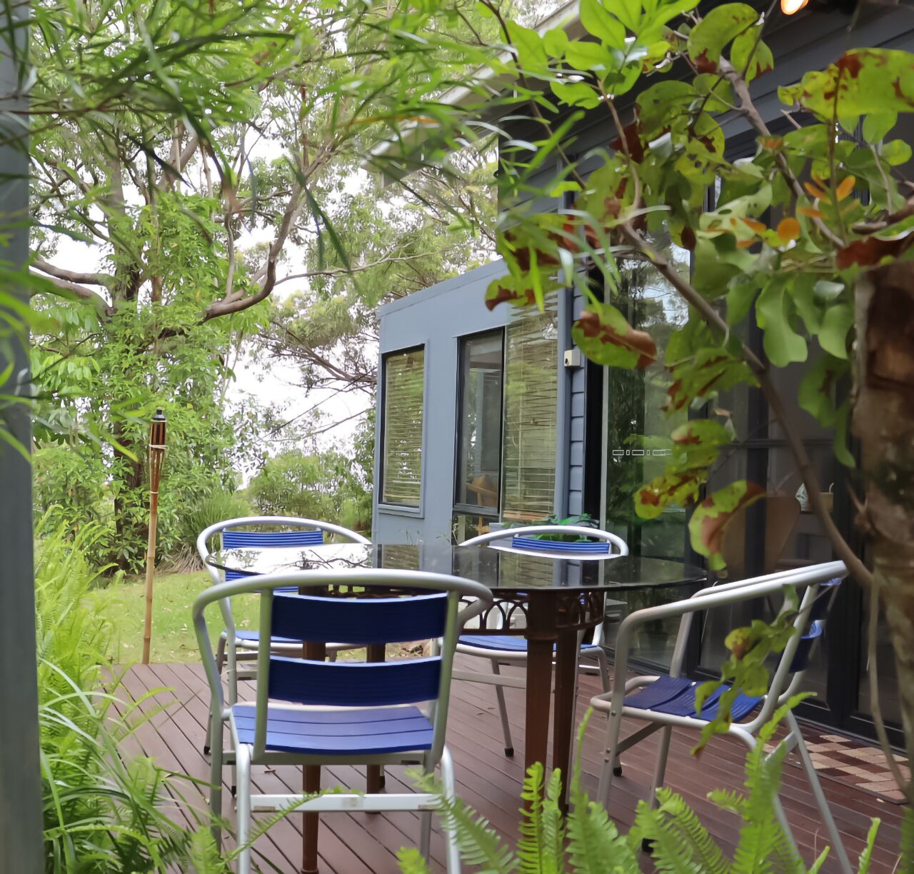 An outdoor deck with blue chairs and a table, surrounded by lush greenery and a modern building with large windows.