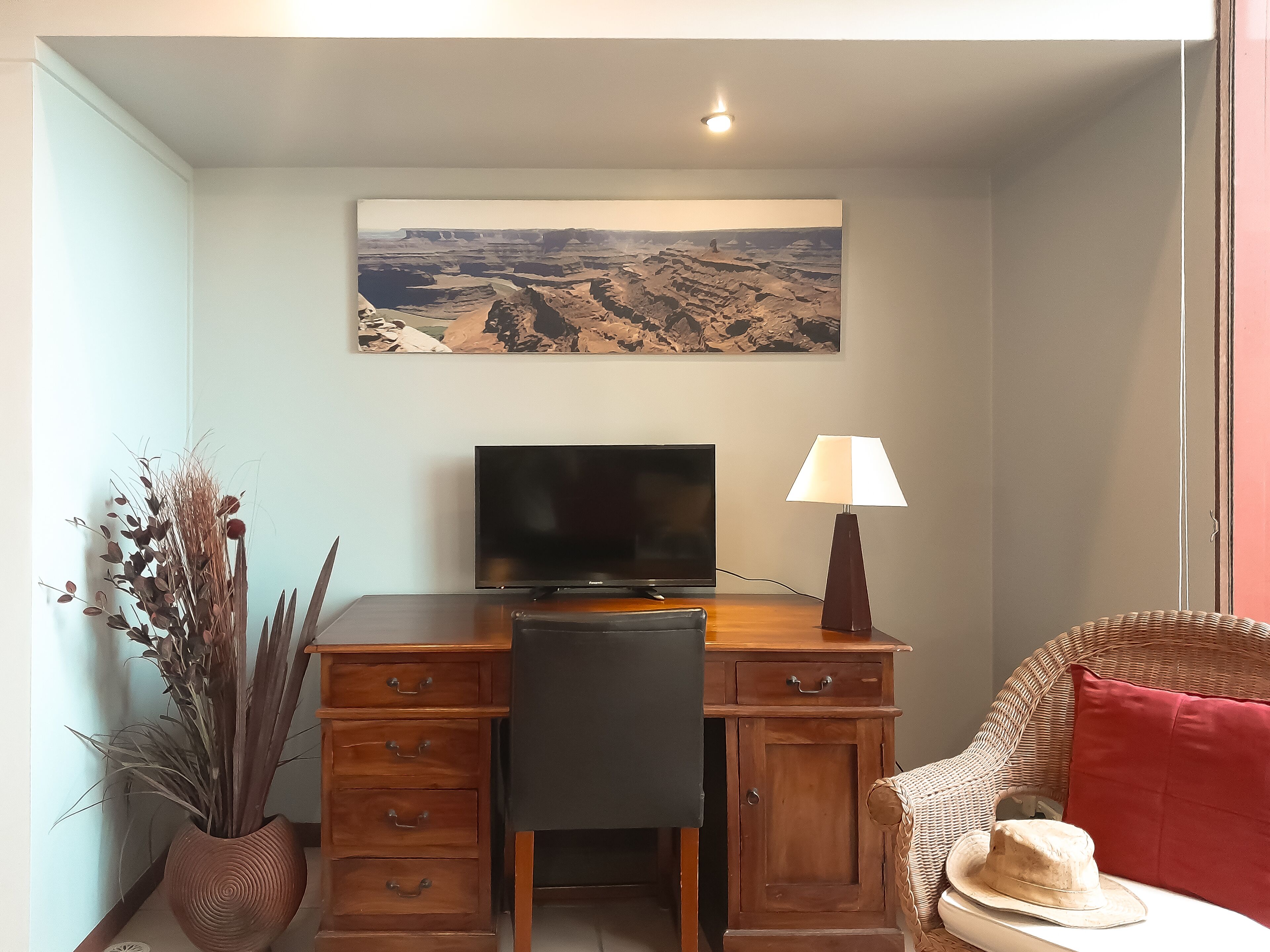 A room with a desk, a television, a lamp, a wicker chair, a red pillow, and a plant.