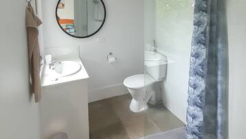 Un bagno con lavandino, WC e zona doccia.