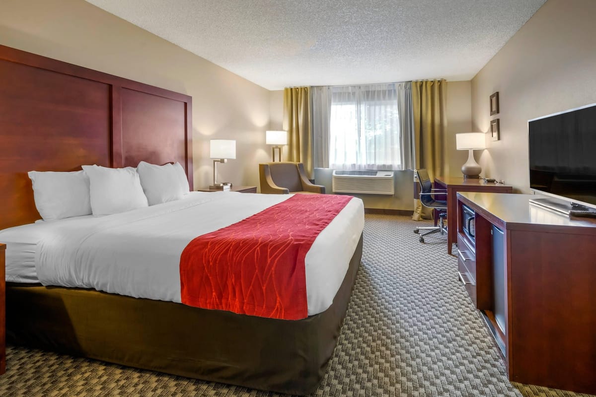 A hotel room with a large bed, a desk with a television, a chair, and a desk lamp.
