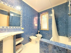 Shower, hair dryer, bidet, towels