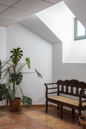 A room with a skylight, a wooden bench, and a potted monstera plant. - Tugasa Hotel Sierra Y Cal (Olvera)