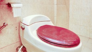 A bathroom with a toilet, sink, and shower. - OYO Flagship  90425 Hotel 22 (Surabaya)