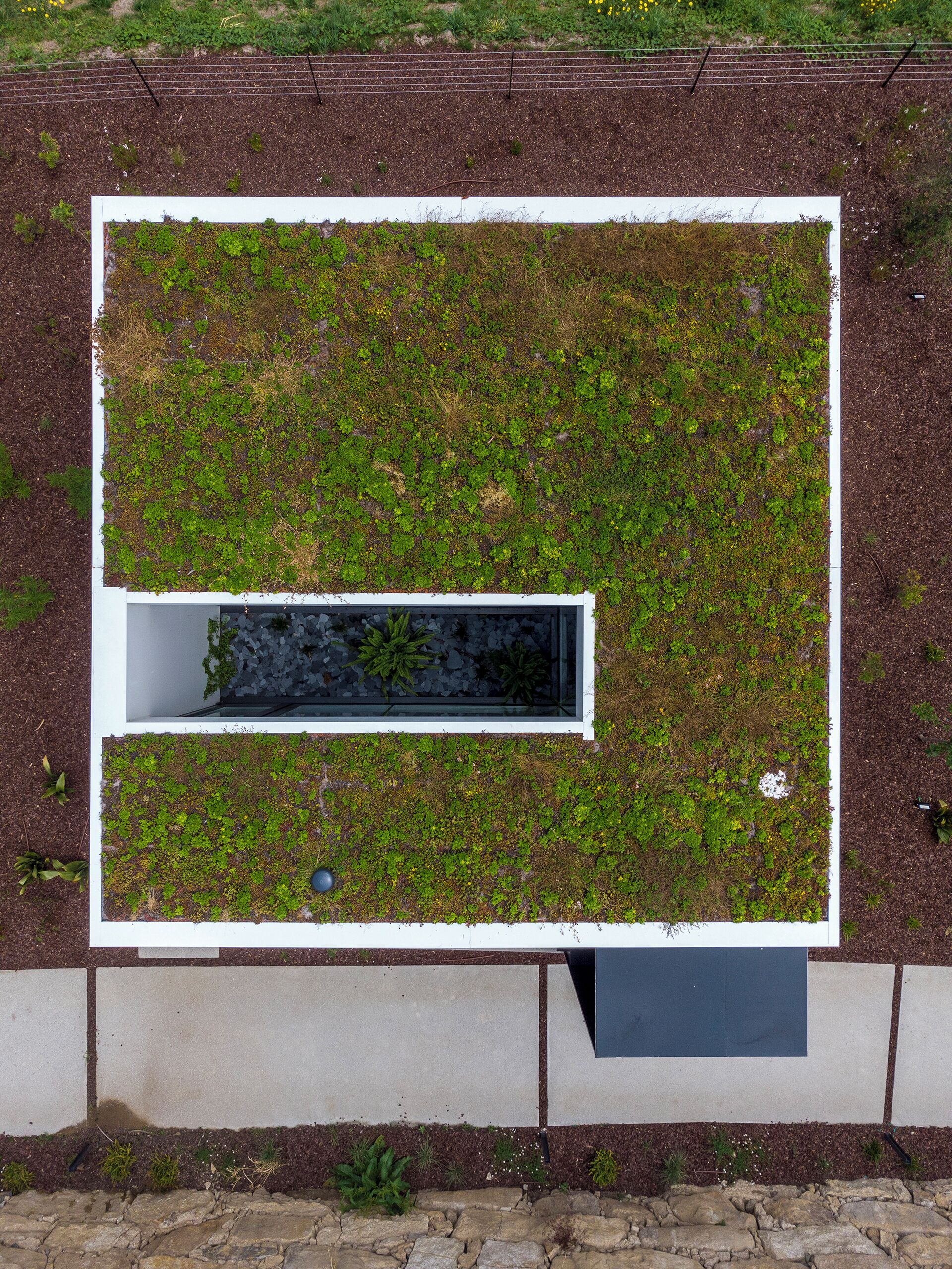 A rooftop garden with a rectangular planter box and a small water feature.