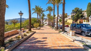 Un camino pavimentado bordeado de palmeras y farolas, que conduce a una zona residencial con casas y coches.