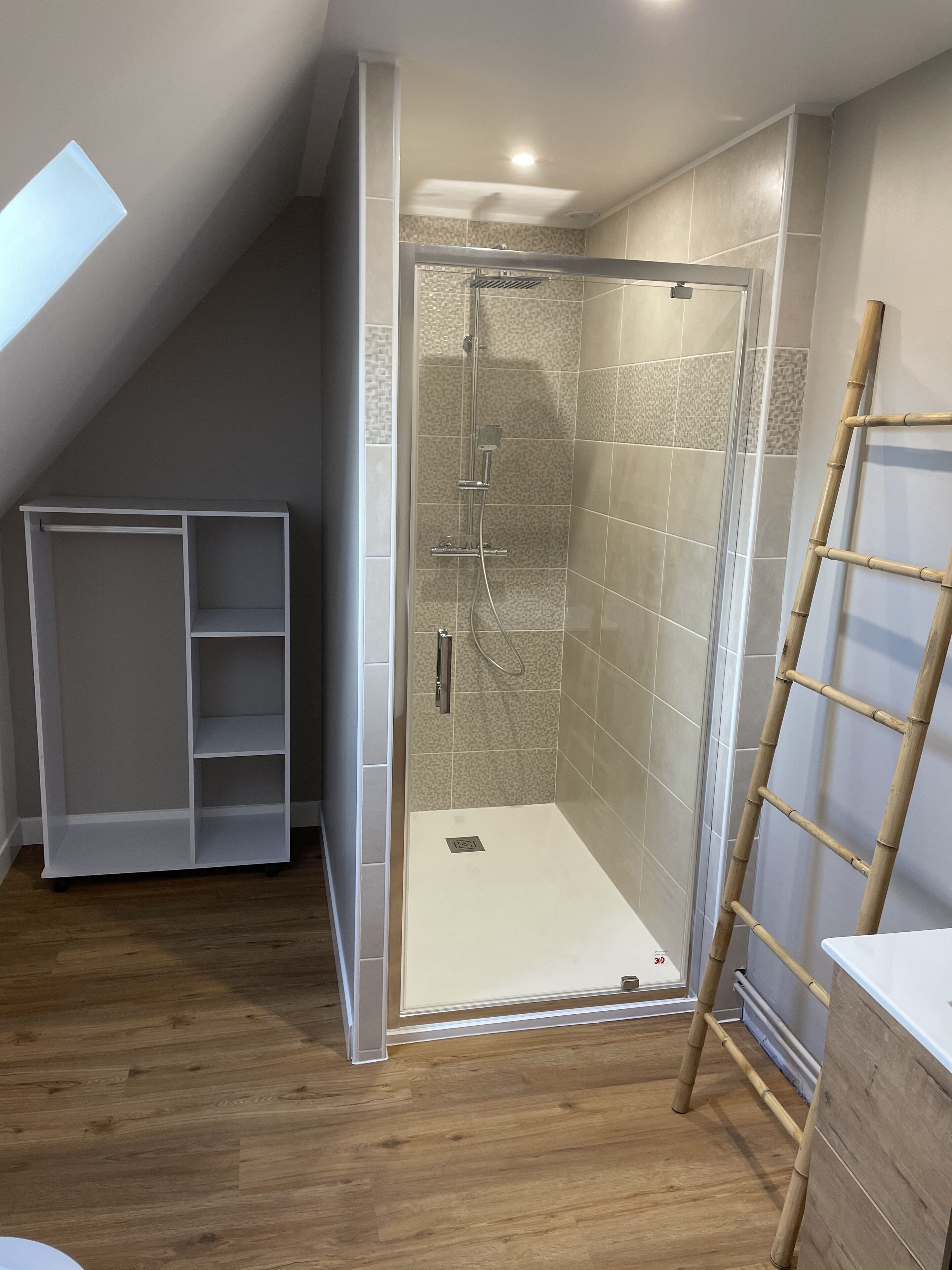 Une salle de douche moderne avec une paroi de verre, une échelle en bois et une étagère blanche.