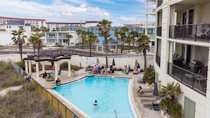 A swimming pool surrounded by palm trees and a covered patio area.
