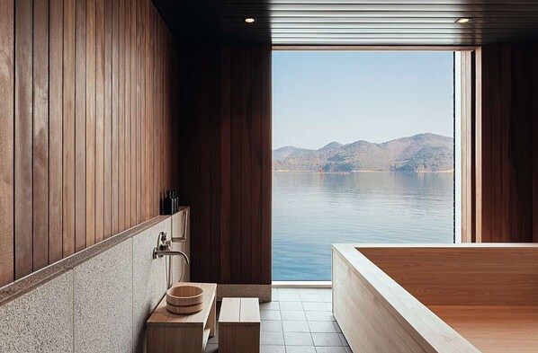 2F Private Ocean View + Hinoki Bathtub (Breakfast & Dinner for 2) | Bathroom | Separate tub and shower, deep soaking tub, hair dryer, bathrobes - IJE Namhae (Namhae)