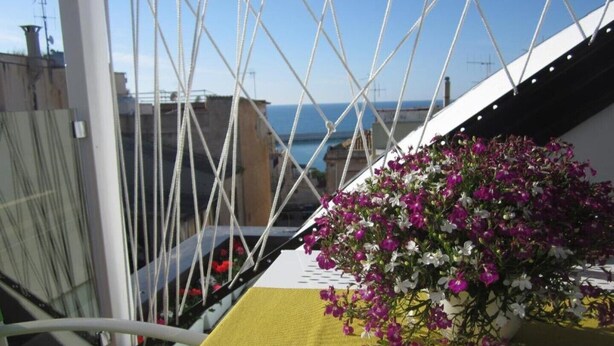 Un balcone con un tappetino giallo, una pianta in vaso con fiori viola e bianchi, e vista sul mare e sugli edifici.