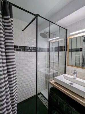 Shower, hair dryer, soap