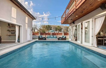 Courtyard with pool, Fire pit, pool house and main house