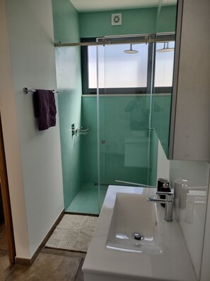 A bathroom with a glass-enclosed shower, a white sink, and a towel rack.