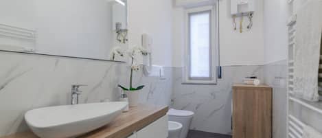 Shower, hair dryer, bidet, towels