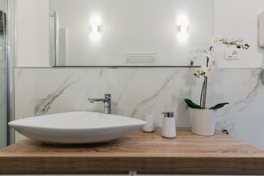 Shower, hair dryer, bidet, towels