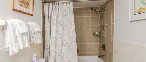 A bathroom with a shower, toilet, and bathtub.