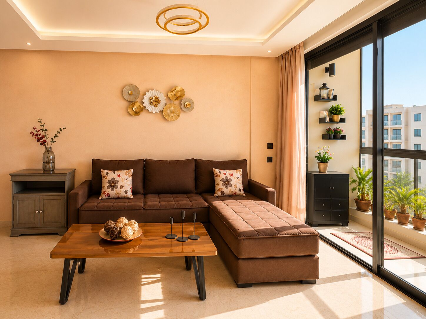 Een moderne woonkamer met een hoekbank, een houten salontafel en een groot raam met uitzicht op de stad.