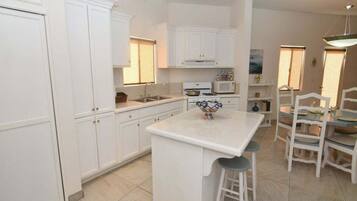 Fridge, microwave, coffee/tea maker, cookware/dishes/utensils