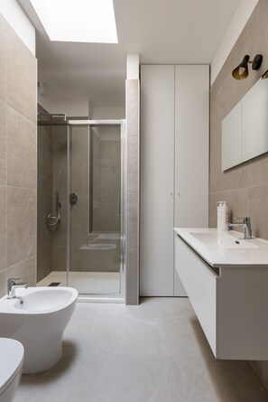 Shower, hair dryer, bidet, towels