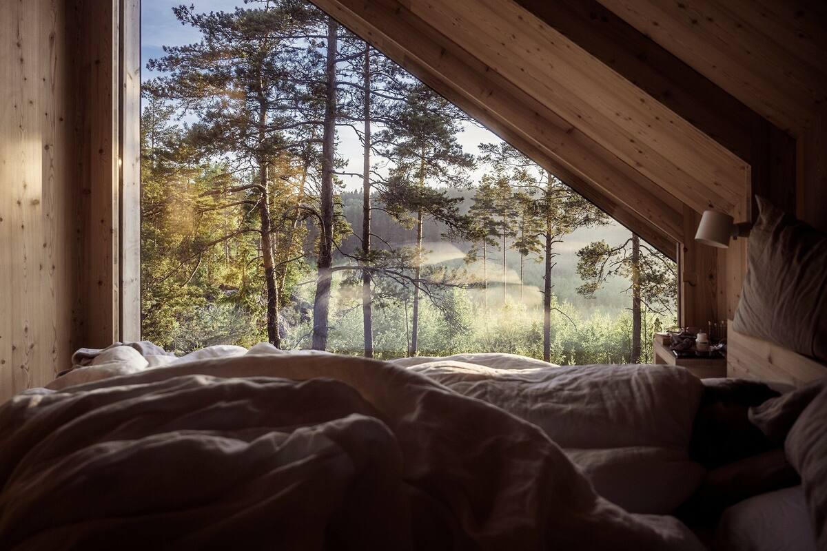 Une chambre avec une grande fenêtre donnant sur une forêt.