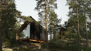 A rustic cabin with a wooden exterior, surrounded by dense forest and rocky terrain. - Hilltop Forest (Inga)