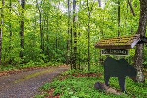 A forested area with a sign reading "Bear Essentials" and a bear-shaped structure.