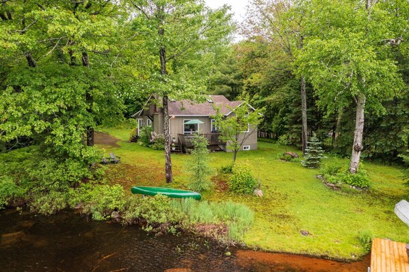 A house surrounded by dense trees and a small stream.