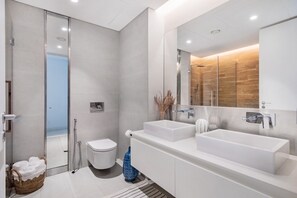 Hair dryer, towels, soap