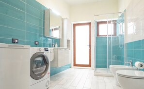 Shower, hair dryer, bidet, towels