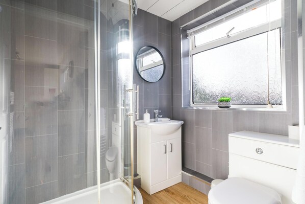 Shower, hair dryer, towels