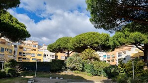 Un cortile con pavimentazione, panchine e diverse piante e arbusti.