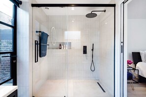 Shower, hair dryer, towels, shampoo