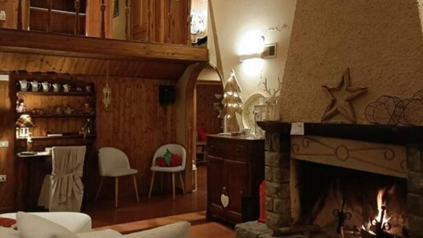 Un intérieur chaleureux avec une cheminée, des murs en bois, un coin repas et un espace en mezzanine.