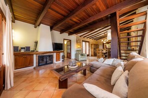 Televisio, takka, DVD-soitin, pöytätennispöytä