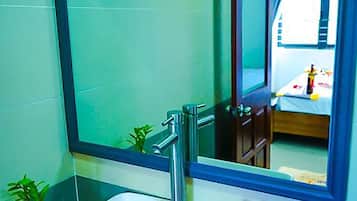 Shower, hydromassage showerhead, designer toiletries, hair dryer